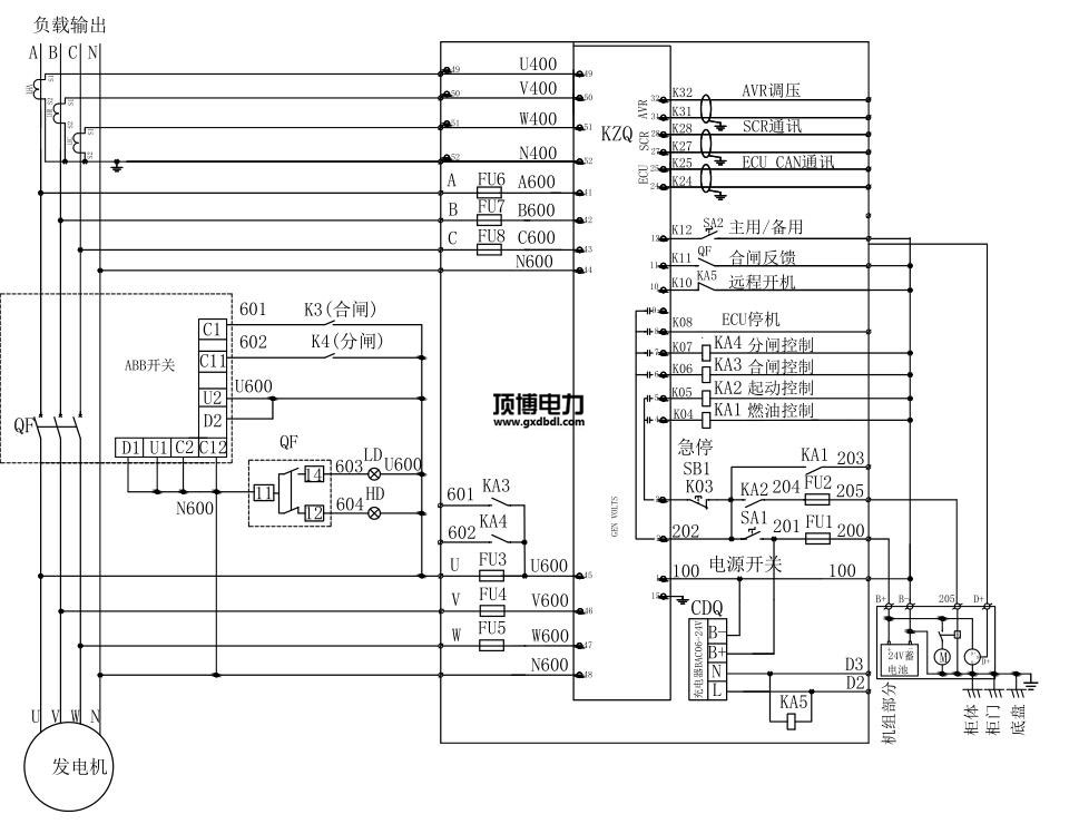 580kw柴油发电机并机柜线路电气图及元件配置